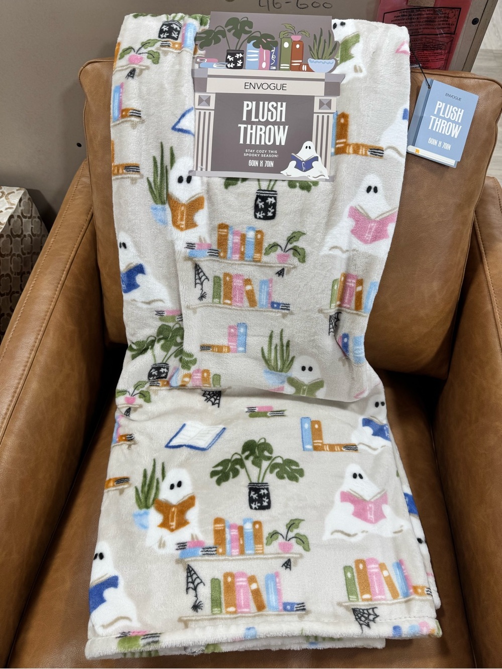 Envogue Cream Plush Throw Blanket with Ghosts, Books & Plants Print